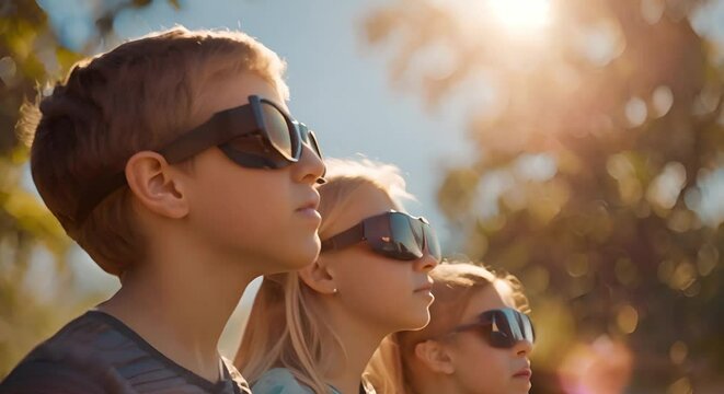 Young people in park wearing special glasses observing solar eclipse together. Concept Solar Eclipse Viewing, Young People, Park Gathering, Special Glasses, Observing Nature