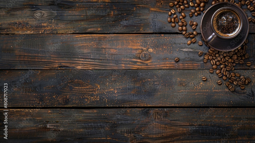 Poster Coffee cup and beans on wood background selective focus.Top view with copyspace for your text