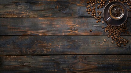 Coffee cup and beans on wood background selective focus.Top view with copyspace for your text