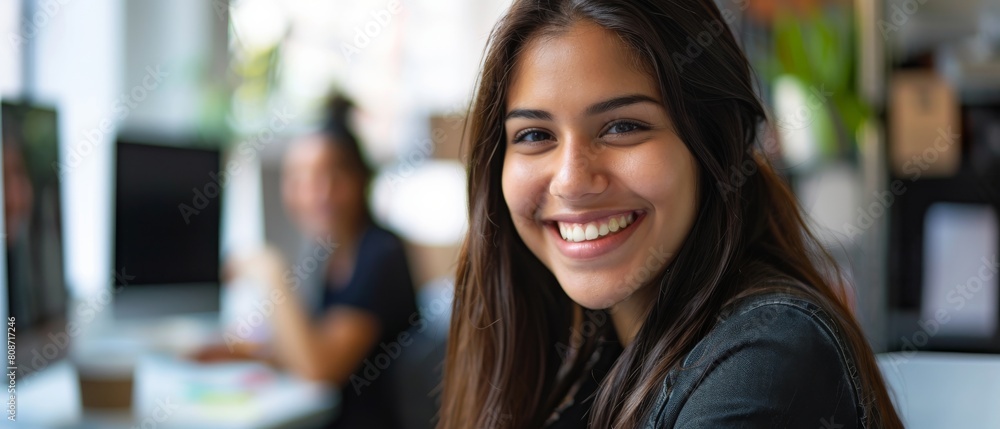 Poster enthusiastic hispanic female working on computer in a modern bright office. confident human resource