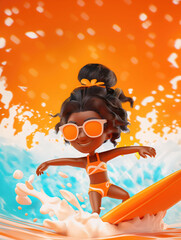 3d African woman character in sunglasses surfing on board on the ocean or sea waves in summer vacation