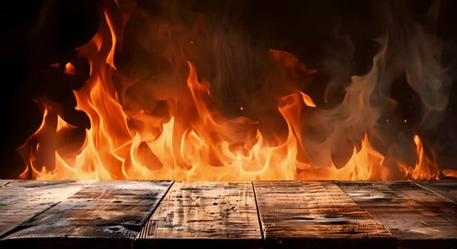 Wooden table with fire burning at edge against dark background for display . Concept Fire and Wood, Contrasting Elements, Tabletop Display, Dark Aesthetic