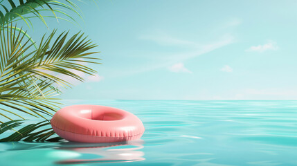 Pink inflatable ring on the blue sea water with sky and space for copy