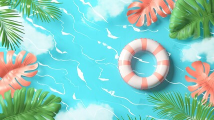 Pink inflatable ring on the blue sea water with palm tree, tropical leaves and space for copy