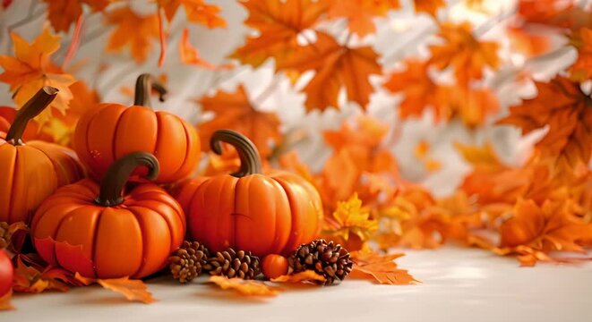 Thanksgivingthemed 3D pumpkins maple leaves and greeting card designs for various uses. Concept Thanksgiving Decor, 3D Pumpkins, Maple Leaves, Greeting Card Designs, Holiday Festivities