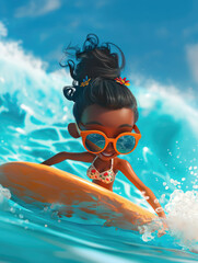3d African woman character in sunglasses surfing on board on the ocean or sea waves in summer vacation