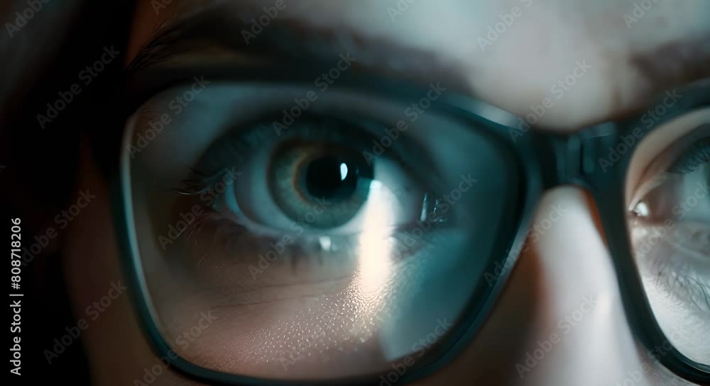 Poster cyber security concept: close-up of eyes with glasses reflecting computer monitor. concept cyber sec