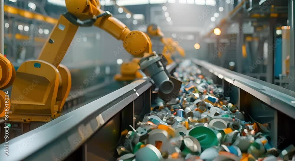 Poster robotic arms sort recyclables in automated recycling facility blending tech and sustainability. conc