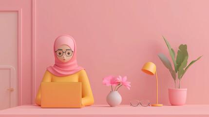 3d Muslim woman character in hijab working on laptop. Muslim business woman or student concept on isolated color background with space for copy