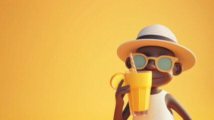 3d African tourist man character in sunglasses and hat drinking juice on isolated yellow background with space for copy