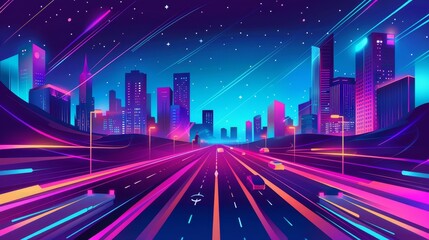 Illustration of dark metropolis with neon windows, modern skyscrapers, street lights, fast transport motion trails, starry sky.
