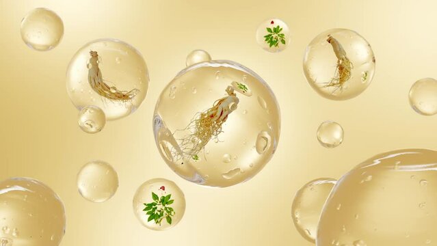 3D graphic for commercial video of product made from precious medicinal herbs with transparent bubbles containing ginseng and herb inside, suspended on a golden background