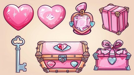 Love and romance cartoon icons for games or holiday interfaces - pink heart, closed chest with diamonds decoration and key, gift box with ribbon and box.