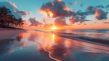 A breathtaking tropical beach scene at sunrise, where the sky is painted in soft apricot hues that reflect off the calm ocean waters, creating a tranquil yet vibrant start to the day. - Powered by Adobe