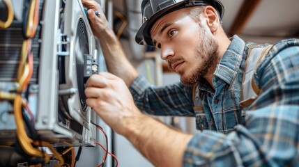 Sparks of Expertise: Man in Hard Hat Masterfully Working on Electrical Panel