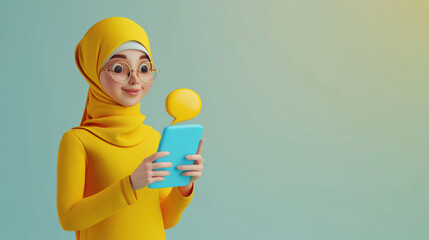 3d Muslim woman character in hijab chatting on a mobile phone and speech bubble next to her head on isolated blue background with space for copy