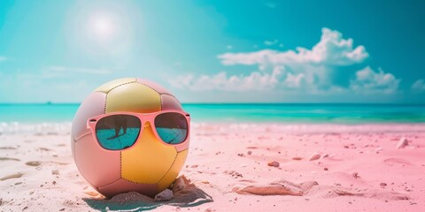 Obraz premium Beach landscape with soccer ball and sunglasses on the sand. Sporty summer concept.