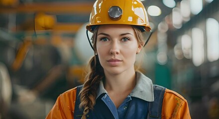 Brave woman wears safety helmet in hazardous work setting. Concept Safety Gear, Hazardous Environment, Workplace Safety, Brave Behavior, Occupational Risk