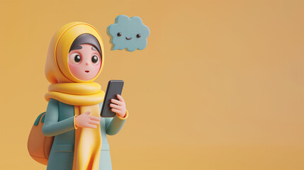 3d Muslim school girl character in hijab chatting on a mobile phone and speech bubble next to her head on isolated blue background with space for copy