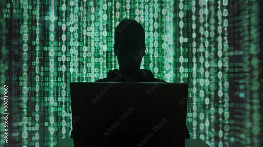 Poster silhouette of hacker against glowing green code background