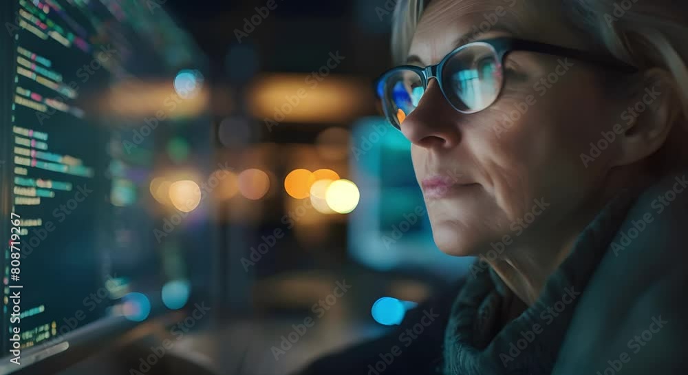 Poster mature person in glasses analyzing programming code on computer for cyber security. concept cyber se
