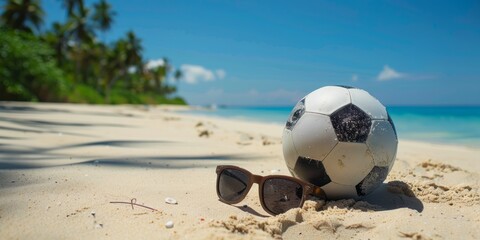 Beach landscape with soccer ball and sunglasses on the sand. Sporty summer concept.