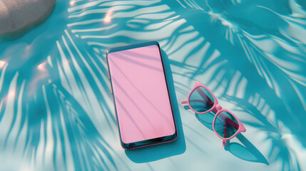 Mobile phone mockup with blank screen laying on the blue water of the sea or pool with palm tree, sunglasses and hat