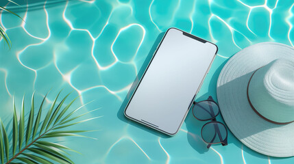 Mobile phone mockup with white blank screen laying on the blue water of the sea or pool with palm tree, sunglasses and hat