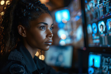 An officer in uniform sits at her desk, working on a computer screen with a serious expression and focused gaze in a dimly lit background.