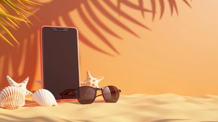 Mobile phone blank screen mockup on the white sand on tropical background with space for copy