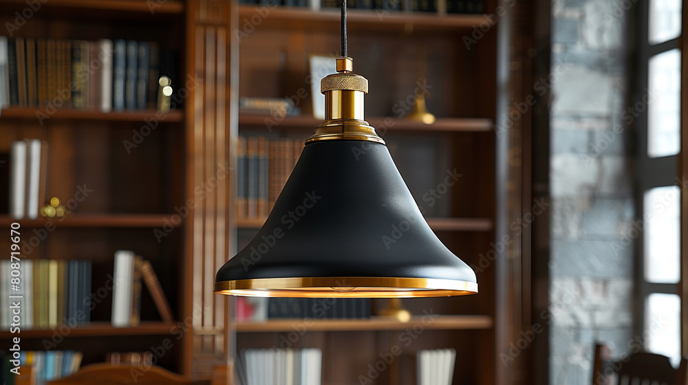 Wall mural Black shade pendant with gold accents provides elegance in a home library.