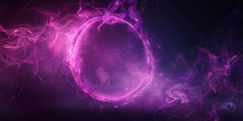 A glowing purple circle frame on a black backdrop is surrounded by light effects, energy swirls, and smoke.