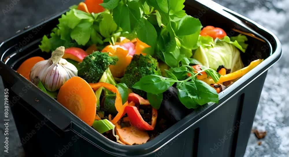 Poster reduce food waste by composting uneaten spoiled vegetables in trash container . concept reduce food 
