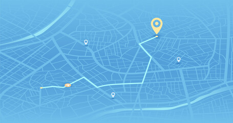 Multiple markers indicating various routes, including the shortest path option. Isometric city map with designated destination. Abstract navigation of city streets and neighborhoods. Vector
