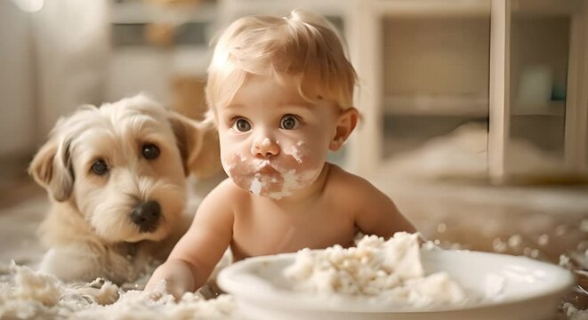 A mischievous blond toddler and dog causing chaos and making a mess. Concept Toddler, Dog, Mischievous, Chaos, Photoshoot