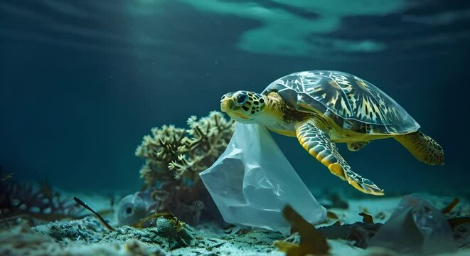 Turtle swims near plastic bag: spotlight on the battle against ocean pollution. Concept Ocean Pollution, Plastic Bags, Wildlife Conservation, Environmental Awareness, Marine Life
