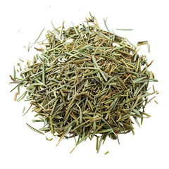 A pile of dried rosemary on a white background, can be used as cooking spices and traditional medicine.