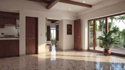 Generate a highly realistic image of a modern architecture in an elegant style, empty, showcasing a minimalist design. Generate an empty living room without any furniture items;