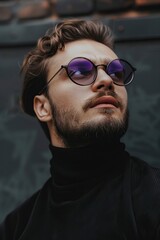 Obraz premium Stylish Man in Black Turtleneck and Pink Sunglasses