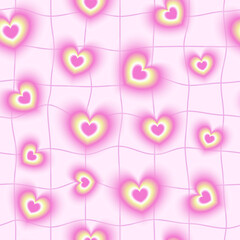 Y2K aesthetic distorted grid seamless pattern with blurred hearts. Trendy abstract psychedelic background.