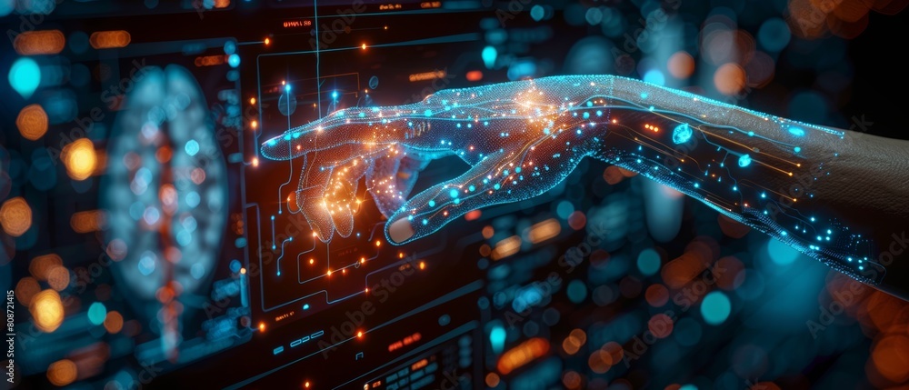 Aufkleber using a finger to point to an icon on the virtual interface of the year 2024, plans are being made t