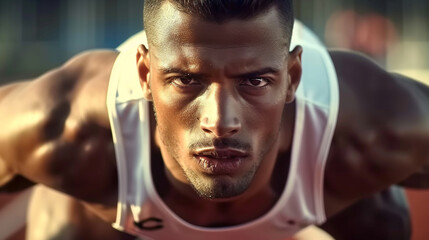 Fototapeta premium A man with a serious expression on his face is wearing a white tank top
