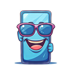 Cartoon moblie or cell phone. Funny face of smartphone wearing sunglasses, isolated on white background