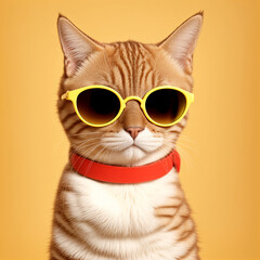 Cat wear sunglasses on light yellow background.