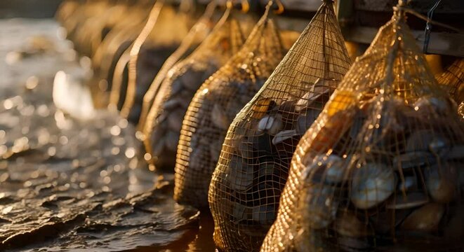 Scenic coastal clam farm with rows of mesh bags showcasing sustainable aquaculture. Concept Coastal Farming, Aquaculture, Sustainable Practices, Ocean Environment, Seaside Landscapes