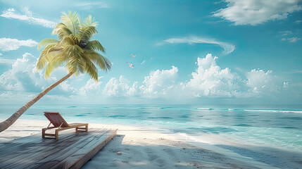 Island Paradise: Sunny Beach Scene with Turquoise Waters and Palm Trees