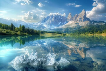 Tranquil and serene mountain lake panorama with snow-capped mountains. Clear blue crystal water. And vibrant colors