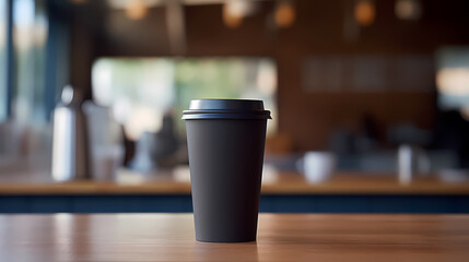 Black paper coffee cup on modern cafe table