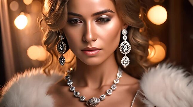 Stylish Woman in Fur Coat With Necklace and Earrings