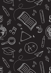 Back to school. Abstract blackboard. Chalk drawing on blackboard. Writing utensils pens, pencils and rulers. Doodles icons of education, science objects, office supplies. For banner, website, flyer